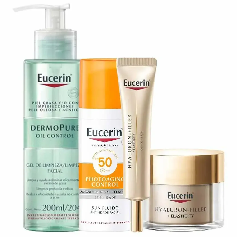 Eucerin Kit - Gel de Limpeza + Creme de Olhos + Creme Anti-Idade + Protetor Solar Facial Rotina Ação Antirrugas