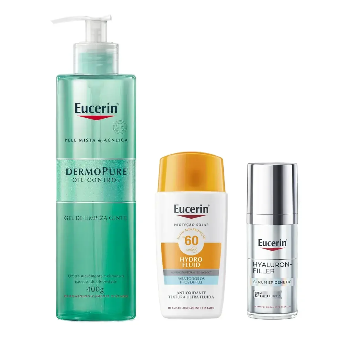 Kit Facial Eucerin Gel de Limpeza Dermo Pure Gentil 400g + Sérum Anti-Idade Hyaluron-Filler Epigenetic 30ml + Protetor Solar Fluido FPS 60 Hydro Fluid 50ml